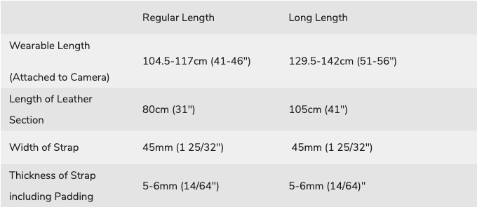 Deluxe 45 Camera Strap Sizing Chart